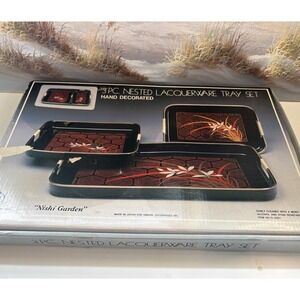 Vintage 1984 Himark Nishi Garden 3 Pc Nested Lacquerware Tray Set Made in Japan